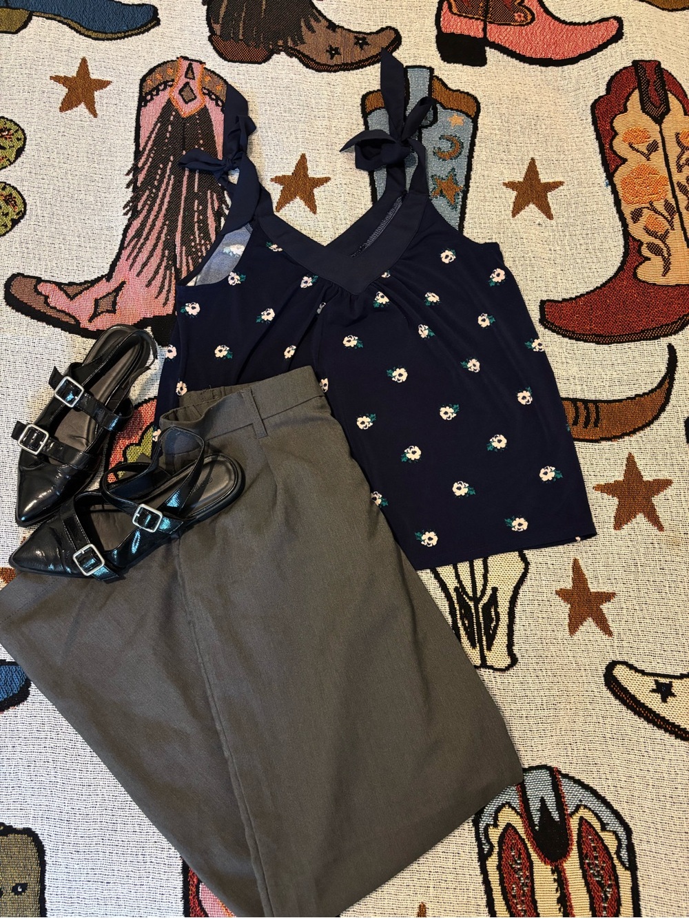 Banana Republic Navy Floral Tie-Shoulder Tank Top